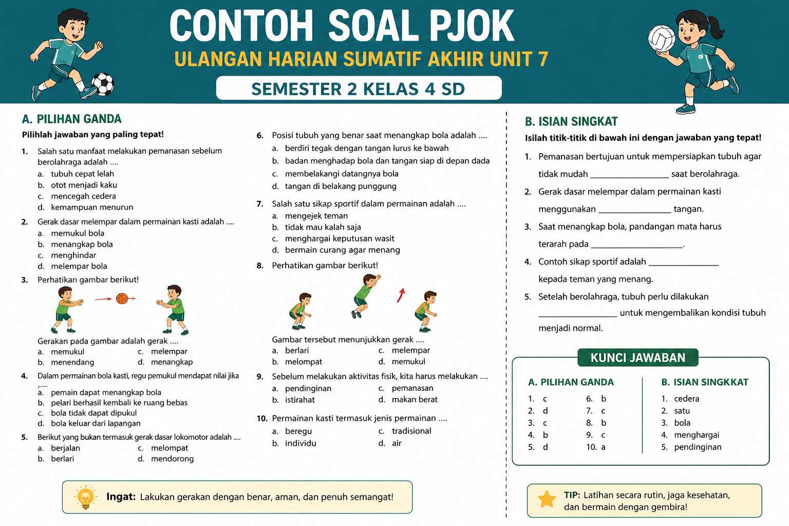 Contoh Soal PJOK Ulangan Harian Sumatif Akhir Unit 7 Semester 2 kelas 4 SD dan Kunci Jawaban