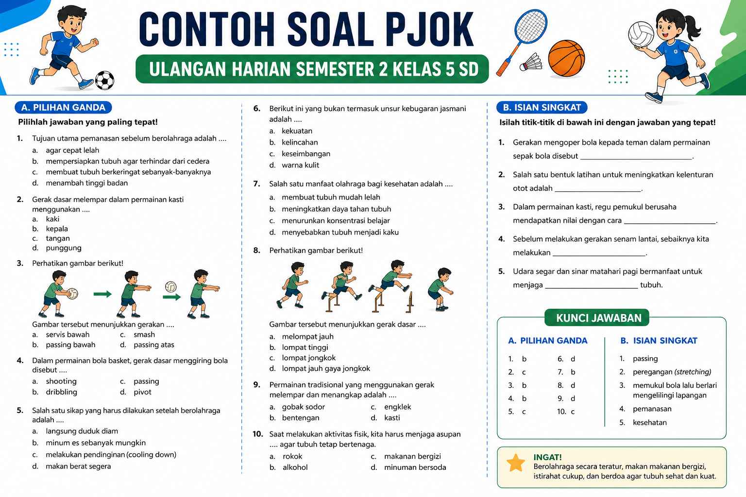 Contoh Soal PJOK Ulangan Harian Sumatif Akhir Unit 7 Semester 2 kelas 4 SD dan Kunci Jawaban