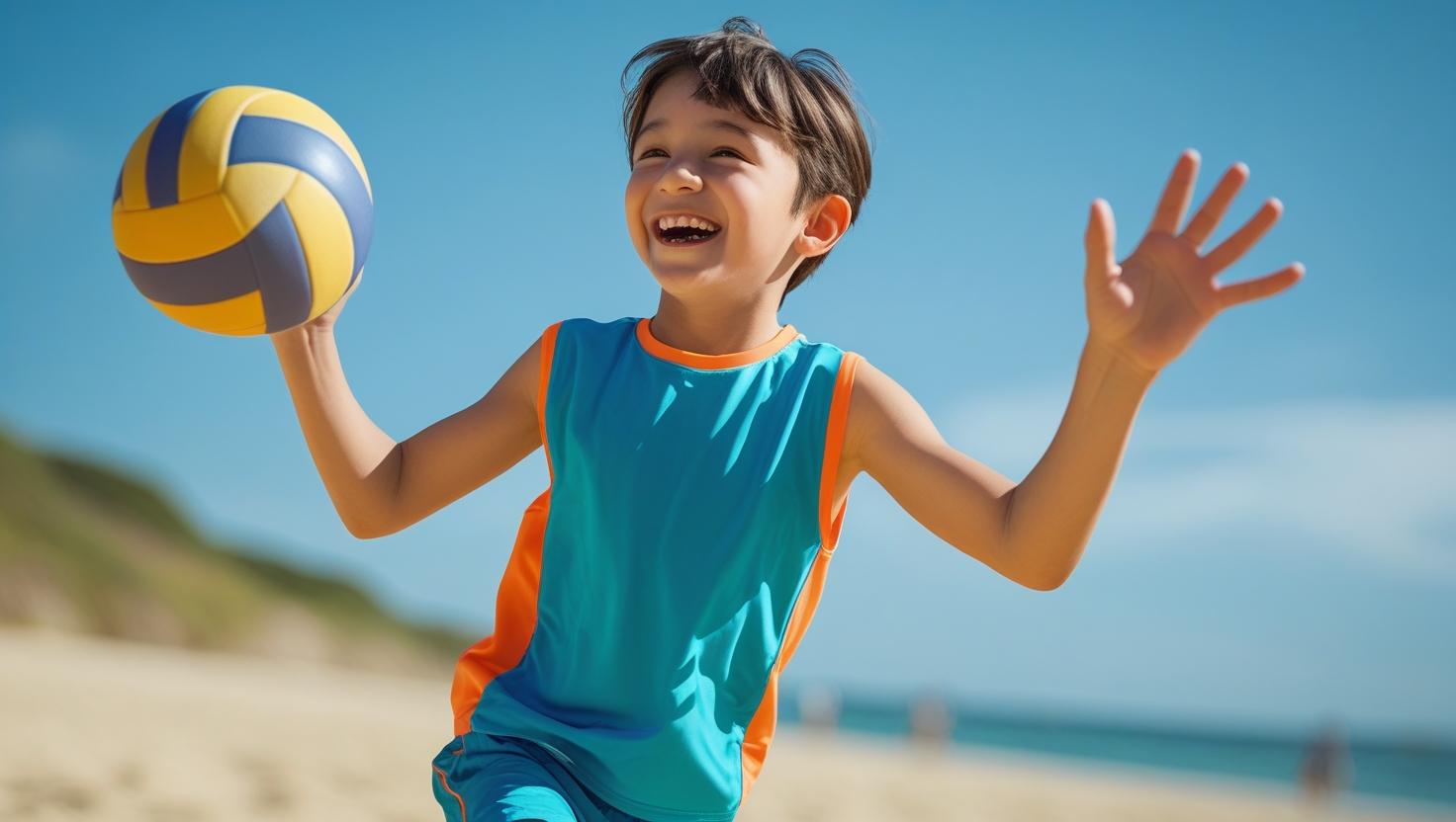Buatka saya gambar anak sedang melakukan permainan bola voli menggunakan pakaian olahraga 1
