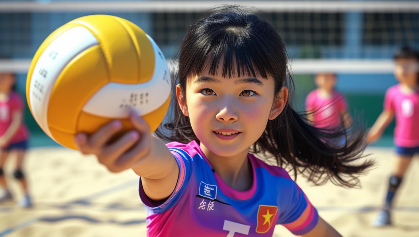Buatka saya gambar anak sedang melakukan permainan bola voli menggunakan pakaian olahraga 3