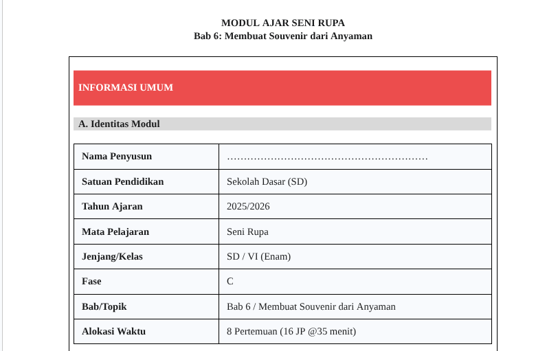Modul Ajar Seni Rupa SD Kelas 6 Bab 6 Membuat Souvenir dari Anyaman