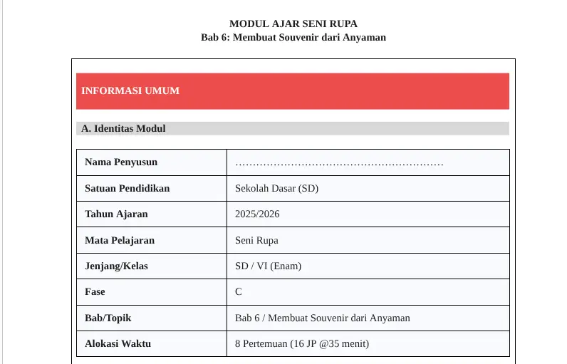 Modul Ajar Seni Rupa SD Kelas 6 Bab 6: Membuat Souvenir dari Anyaman