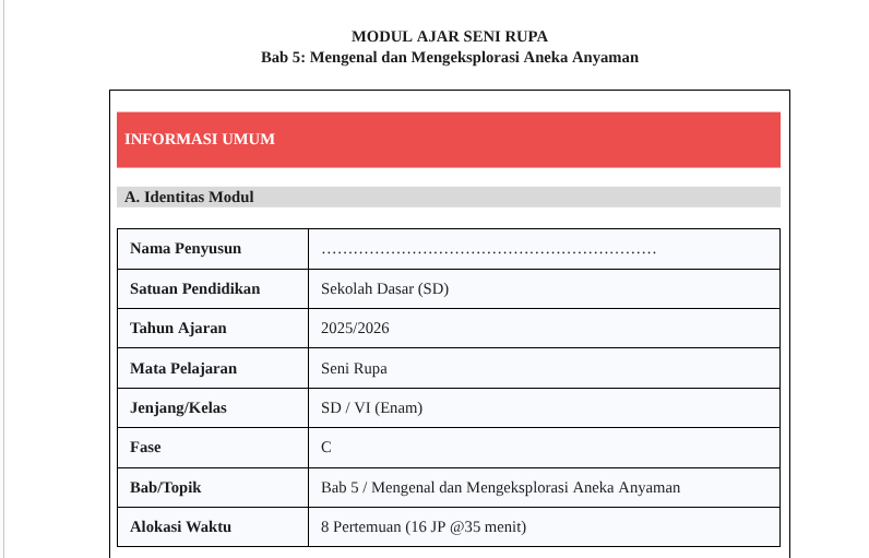 Modul Ajar Seni Rupa SD Kelas 6 Bab 5 Mengenal dan Mengeksplorasi Aneka Anyaman