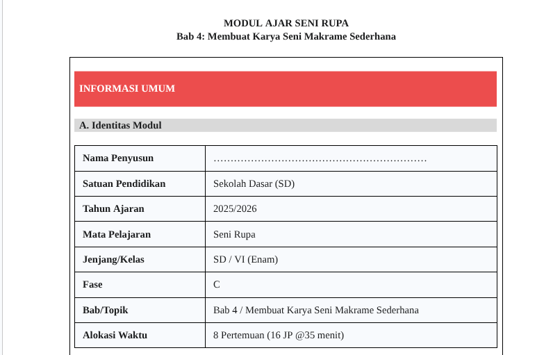 Modul Ajar Seni Rupa SD Kelas 6 Bab 4 Membuat Karya Seni Makrame Sederhana