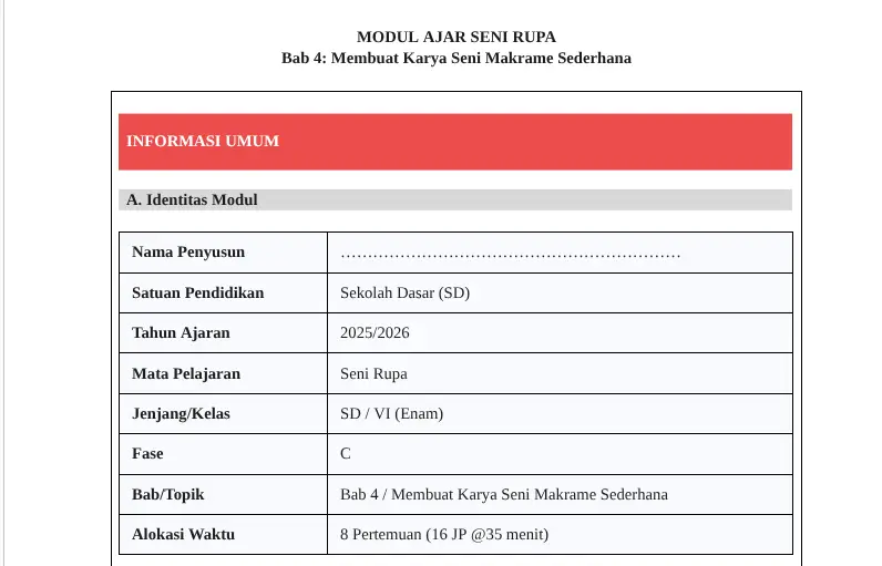 Modul Ajar Seni Rupa SD Kelas 6 Bab 4 Membuat Karya Seni Makrame Sederhana