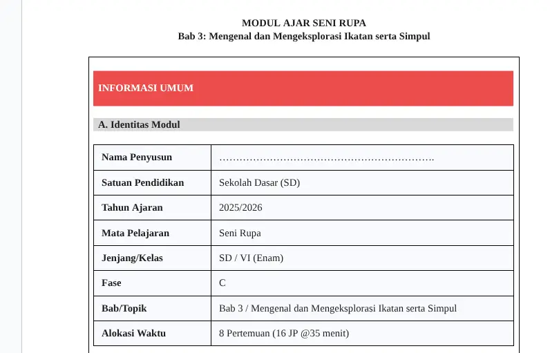 Modul Ajar Seni Rupa SD Kelas 6 Bab 3 Mengenal dan Mengeksplorasi Ikatan serta Simpul