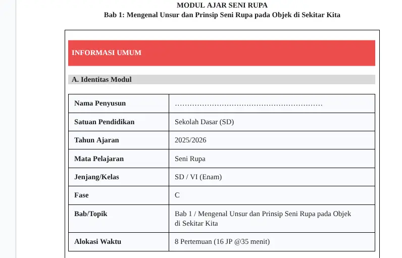 Modul Ajar Seni Rupa SD Kelas 6 Bab 1 Mengenal Unsur dan Prinsip Seni Rupa pada Objek di Sekitar Kita