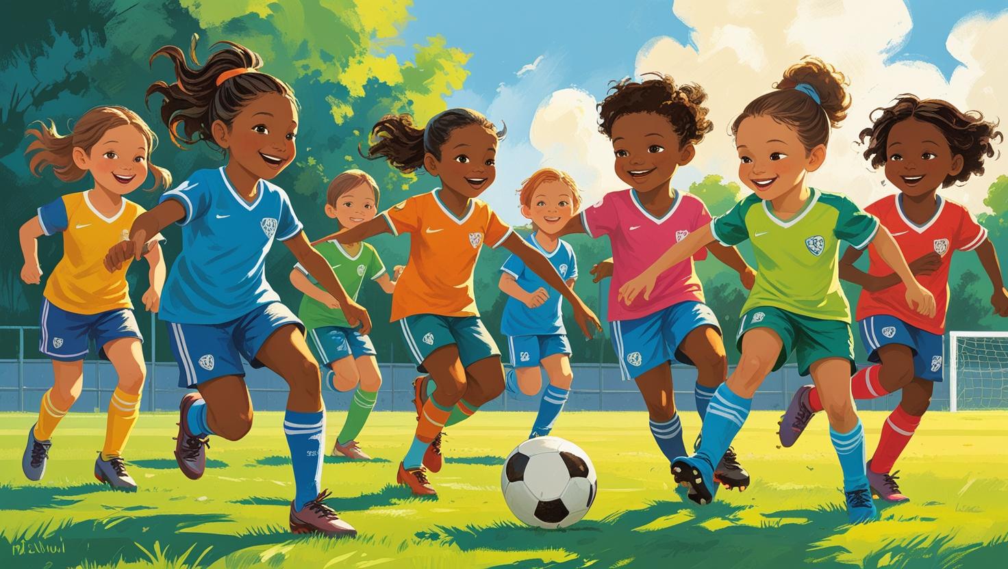buatkan saya gambar anak sd sedang bermain sepak bola dengan menggunakan baju olahraga 1