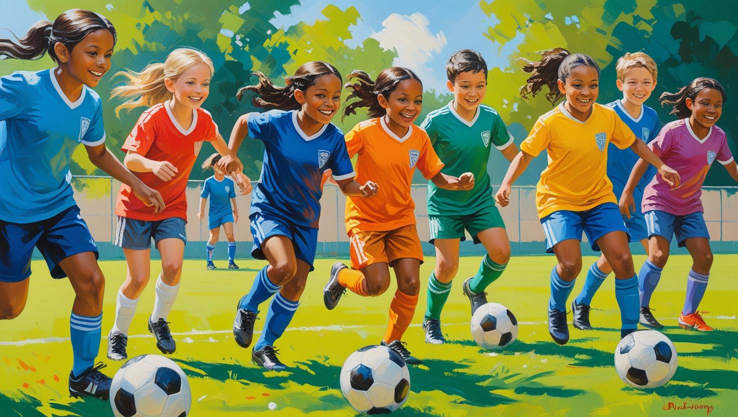 buatkan saya gambar anak sd sedang bermain sepak bola dengan menggunakan baju olahraga