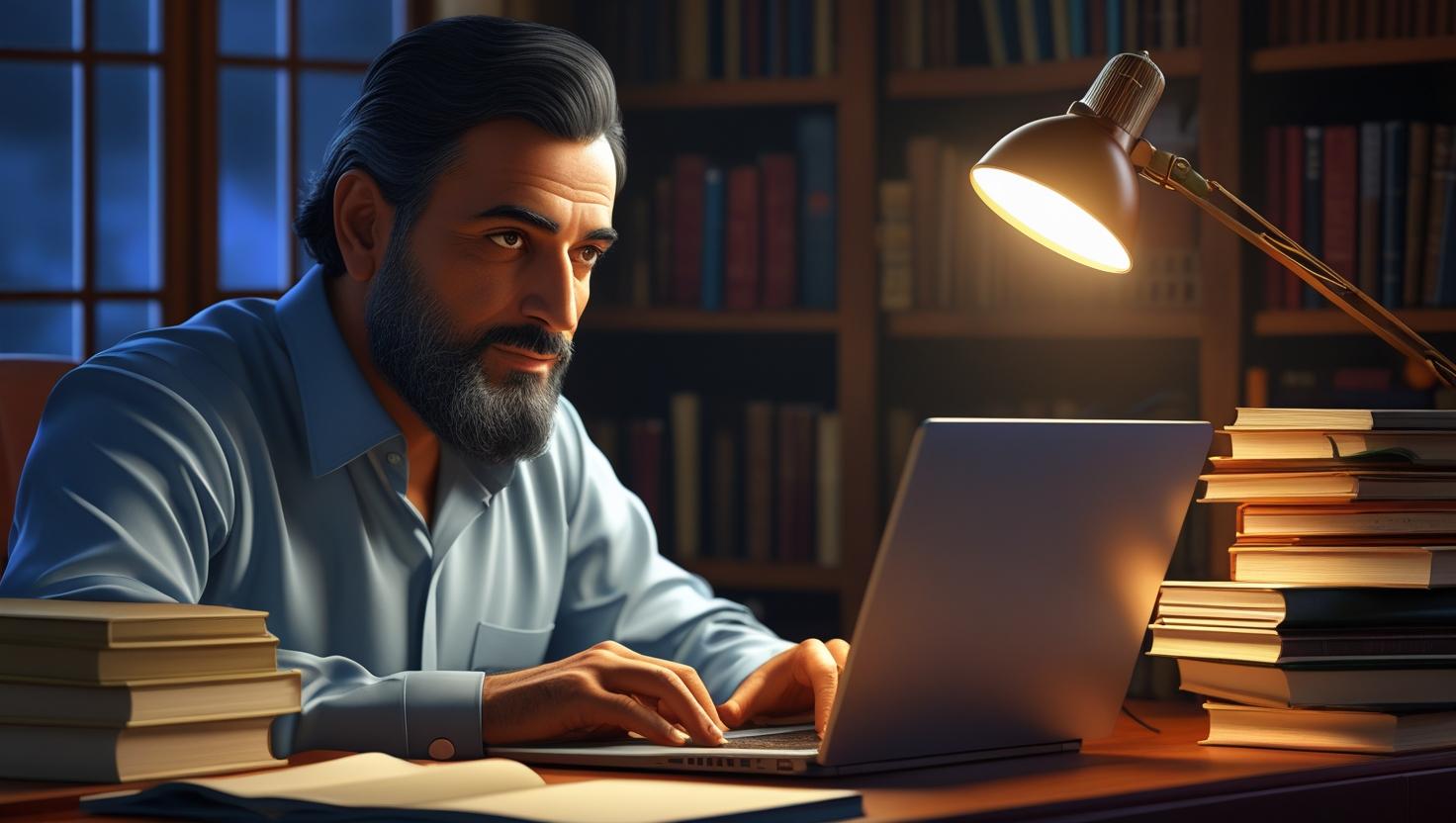 buatkan saya gambar seorag guru laki laki sedang mengerjakan tugas di laptop 3