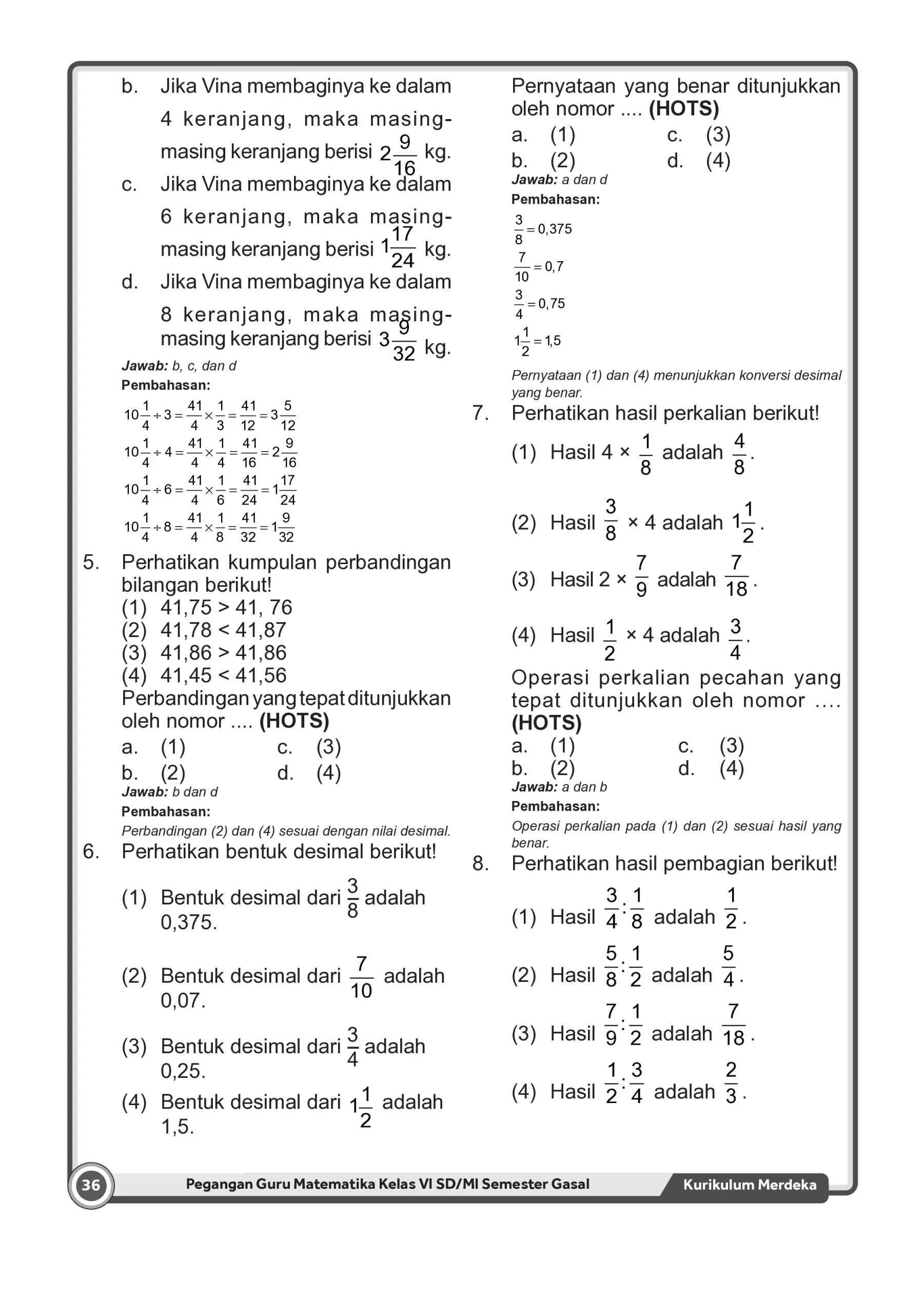 Kunci Jawaban Soal Pecahan, Desimal, dan Perbandingan Matematika Kelas VI SD