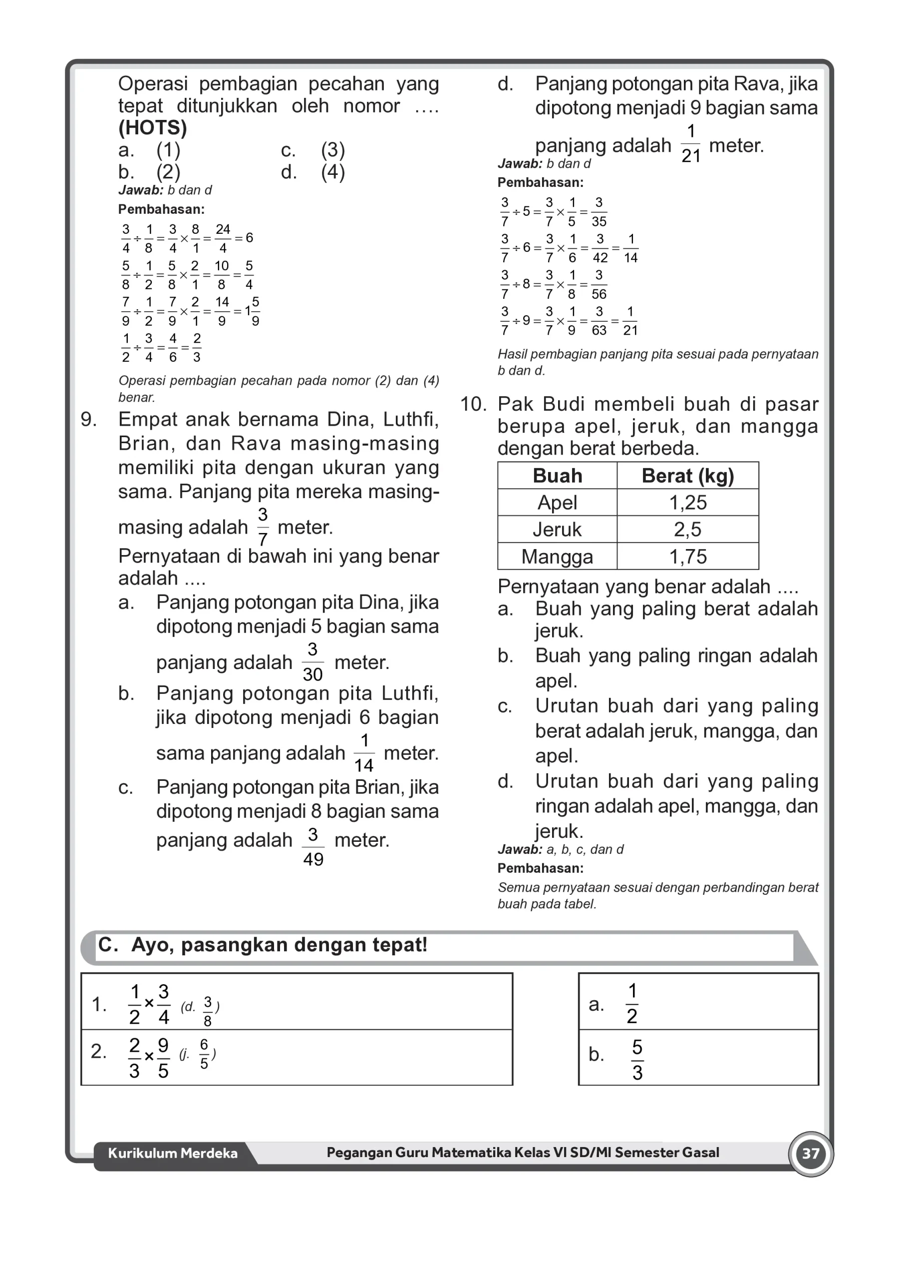 Kunci Jawaban Soal Pembagian Pecahan dan Perbandingan Matematika Kelas VI SD