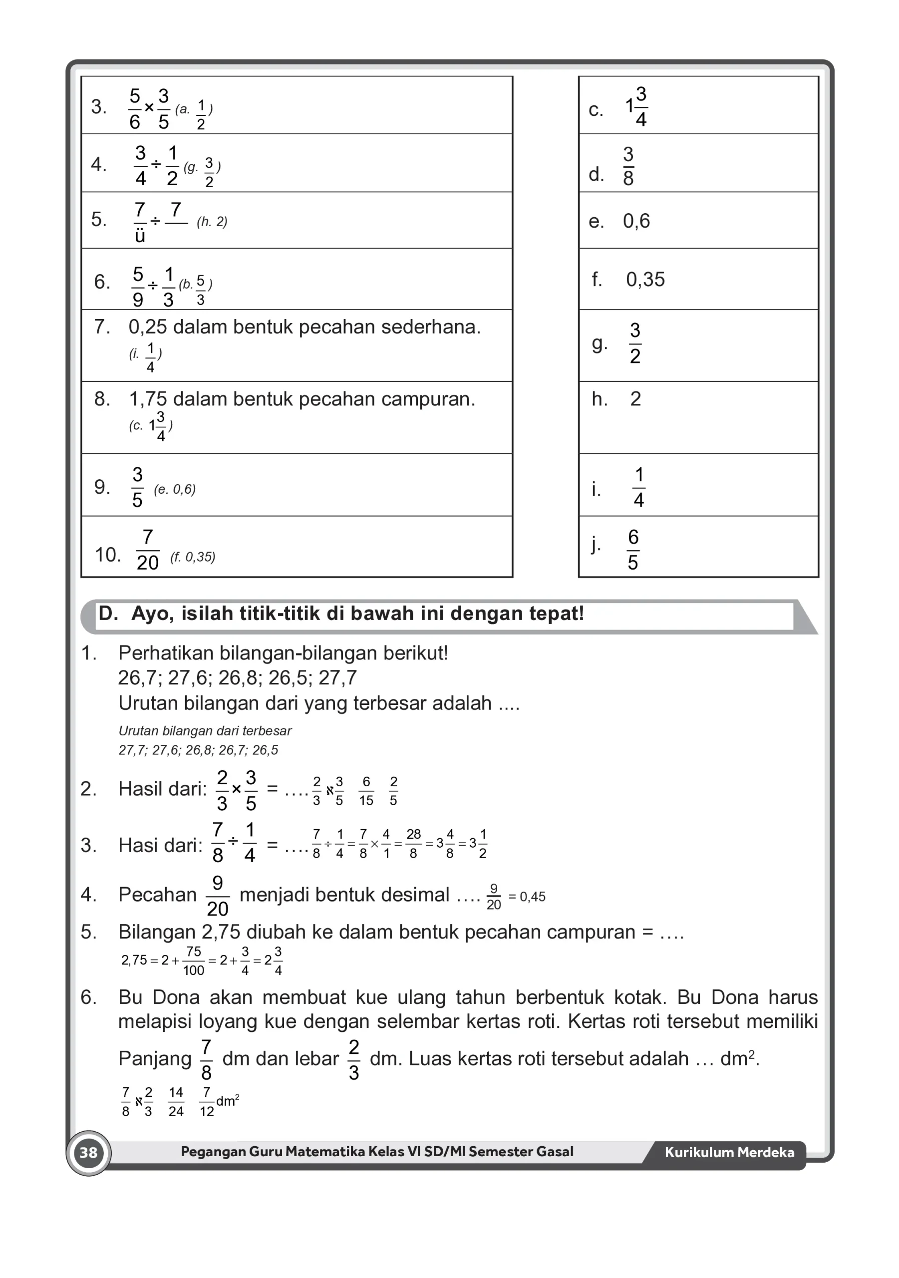 Kunci Jawaban Soal Pecahan dan Desimal Matematika Kelas VI SD