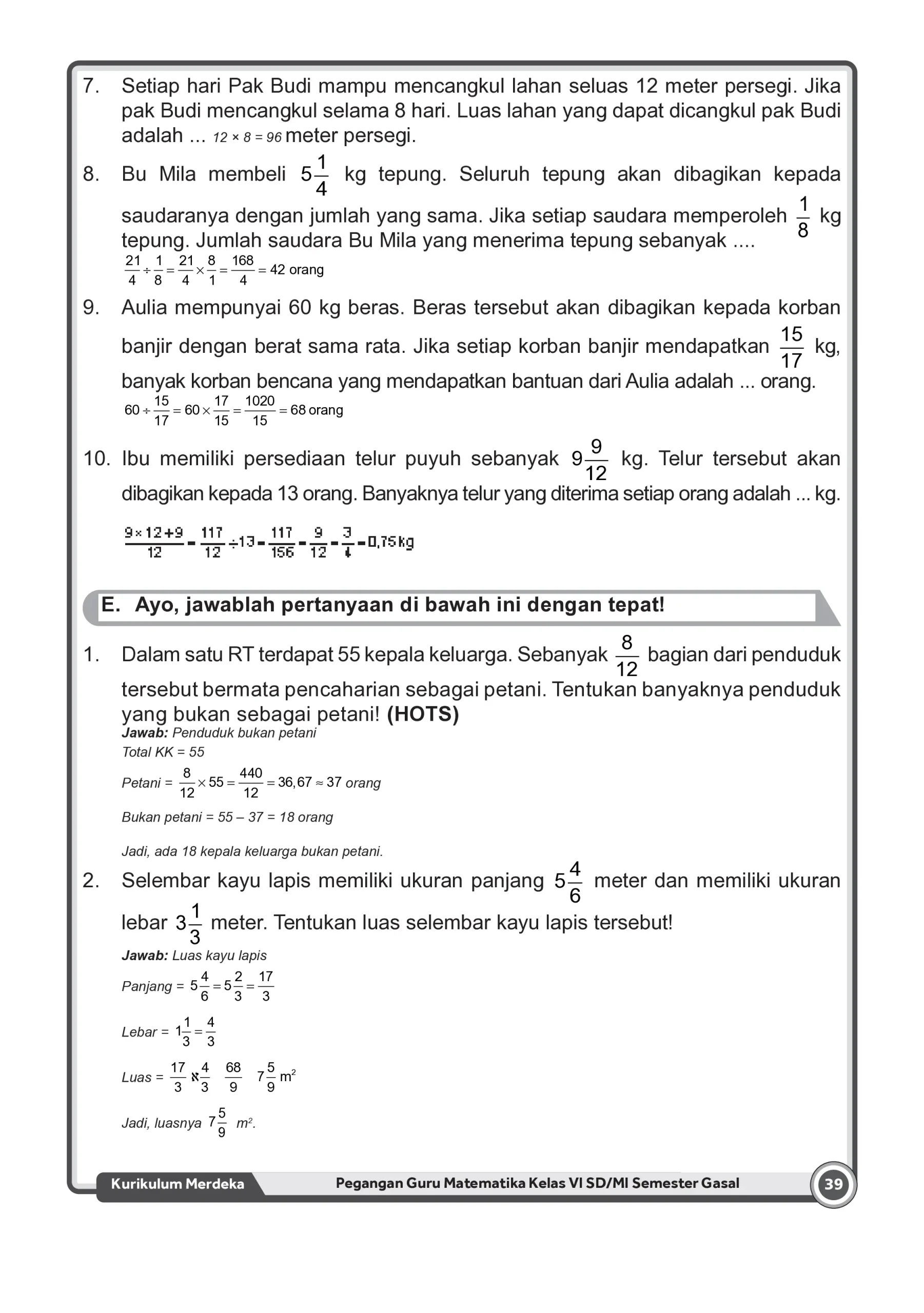 Kunci Jawaban Soal Cerita Pecahan dan Perkalian Matematika Kelas VI SD
