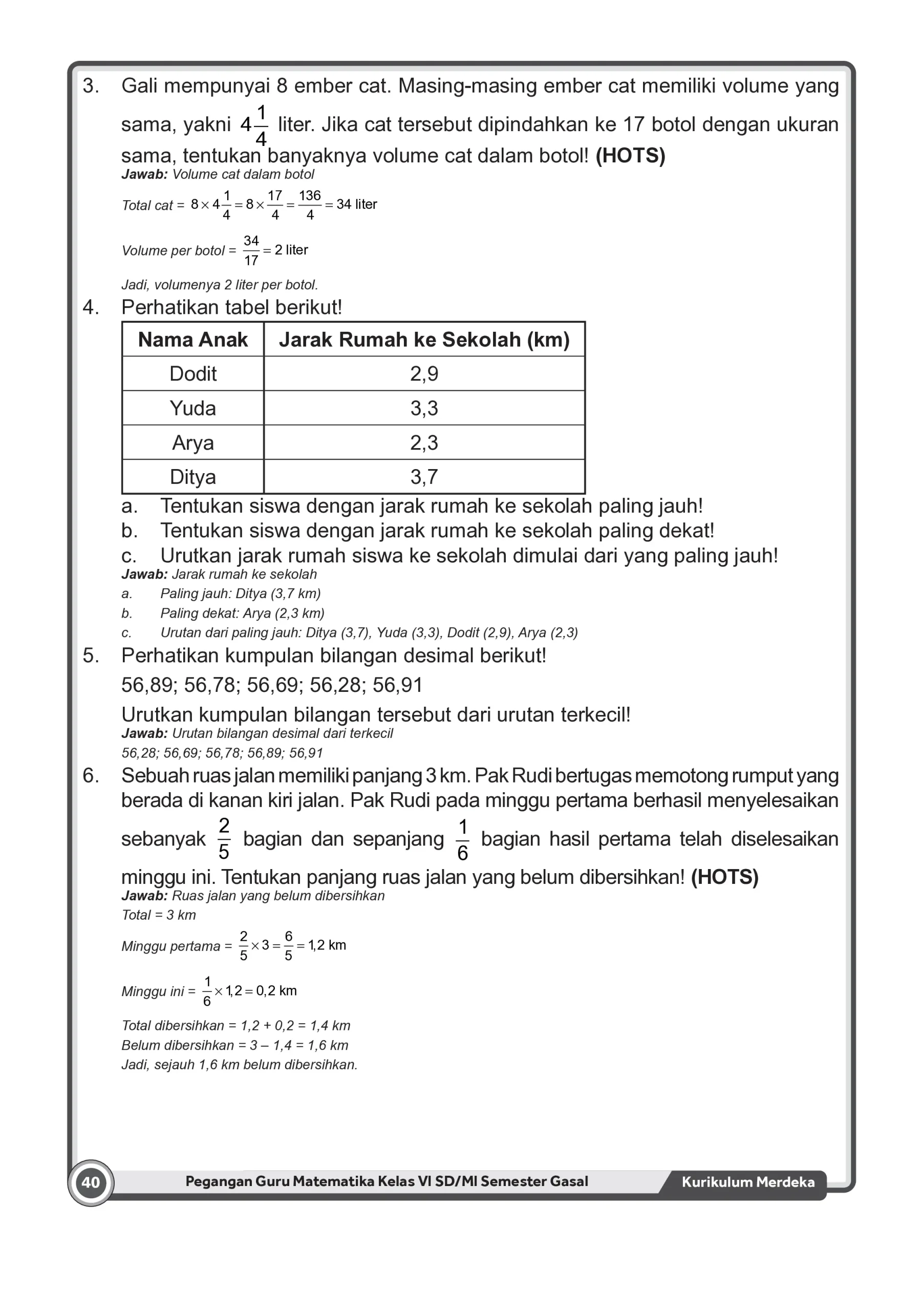 Kunci Jawaban Soal Pecahan, Desimal, dan Perbandingan Matematika Kelas VI SD