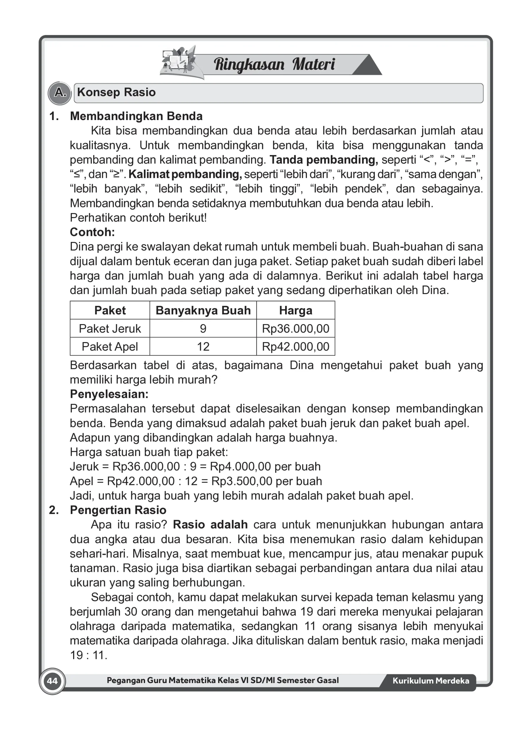 Membandingkan Benda dan Pengertian Rasio Matematika Kelas VI SD