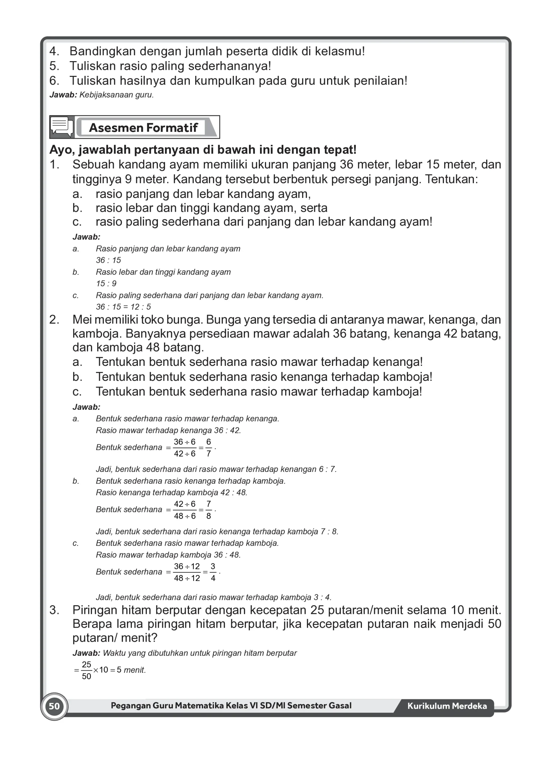 Kunci Jawaban Asesmen Formatif Rasio Matematika Kelas VI SD